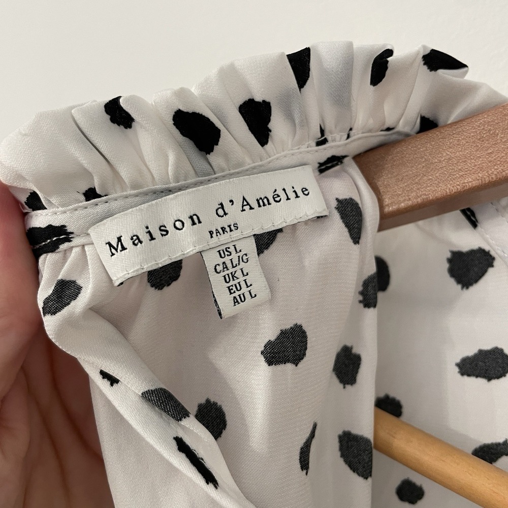 Maison d'Amélie Paris Dalmatian Dot Blouse Large Ruffle Mock Neck Smocked Cuff L - Picture 16 of 16